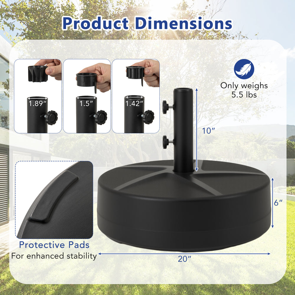 Patio umbrella base with adjustable knobs, 88 lbs capacity, designed for stability with protective pads, ideal for.