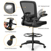 Height adjustable drafting chair with breathable mesh backrest, flip-up arms, and adjustable foot ring for ergonomic.