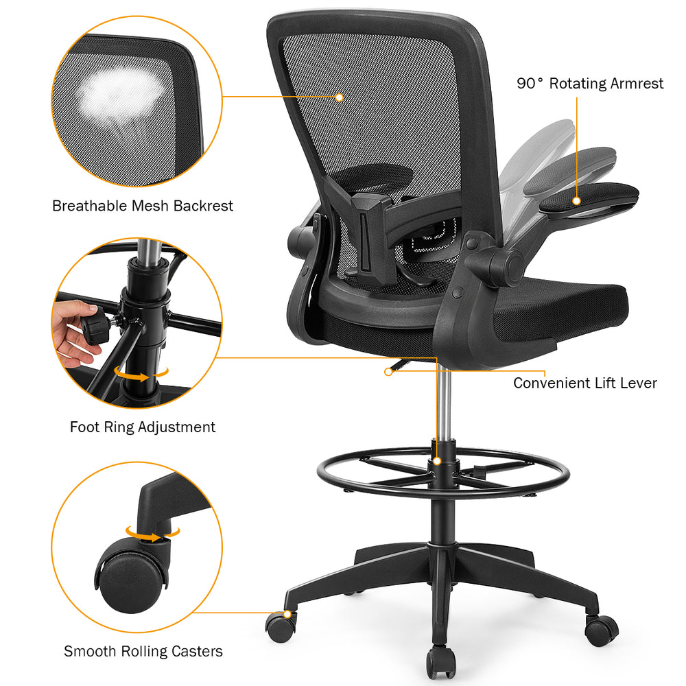 Height adjustable drafting chair with breathable mesh backrest, flip-up arms, and adjustable foot ring for ergonomic.