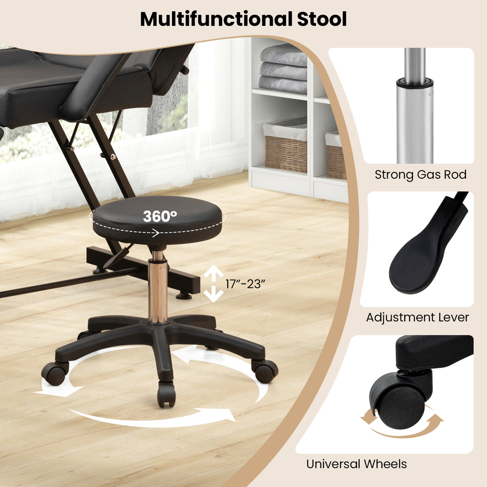 Multifunctional stool with 360° swivel seat, adjustable height, and universal wheels for easy movement in spa settings.