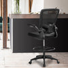 Height adjustable drafting chair in black with flip-up arms and ergonomic backrest, ideal for comfortable seating.