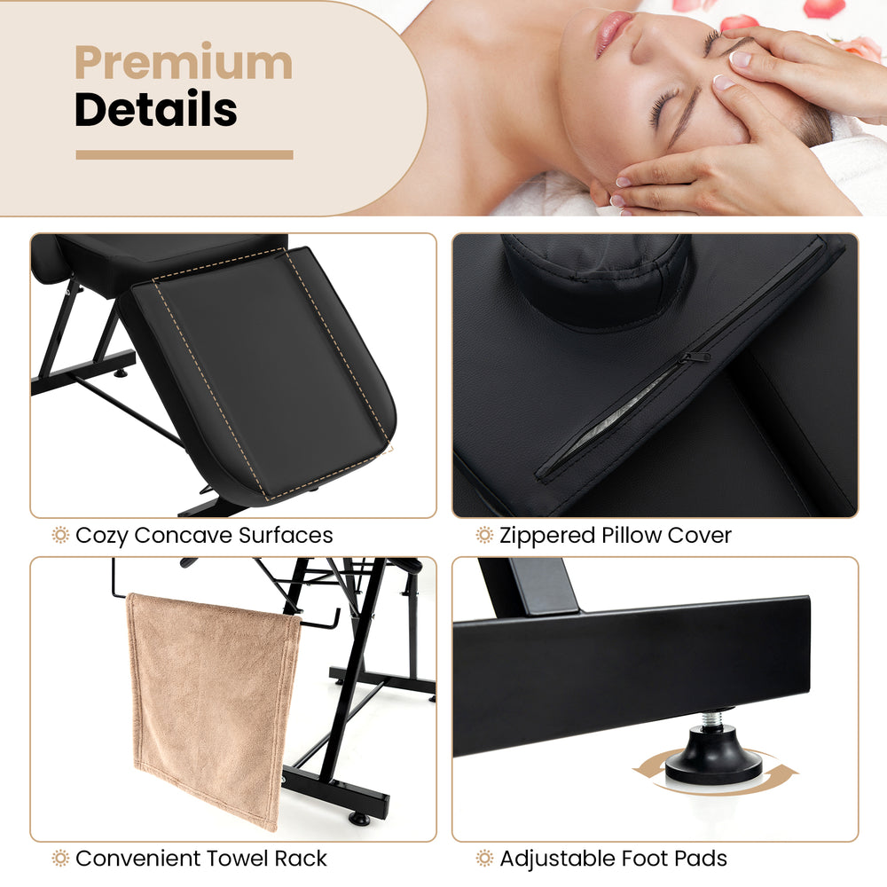 Cozy concave surfaces of the 73-inch black facial chair set with adjustable foot pads and convenient towel rack.