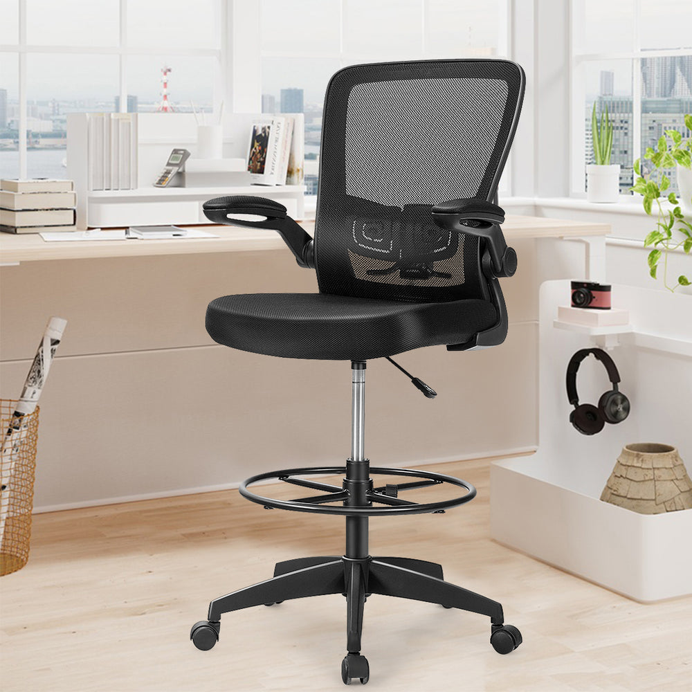 Height adjustable drafting chair in black featuring a sturdy five-claw base and adjustable foot ring for optimal.