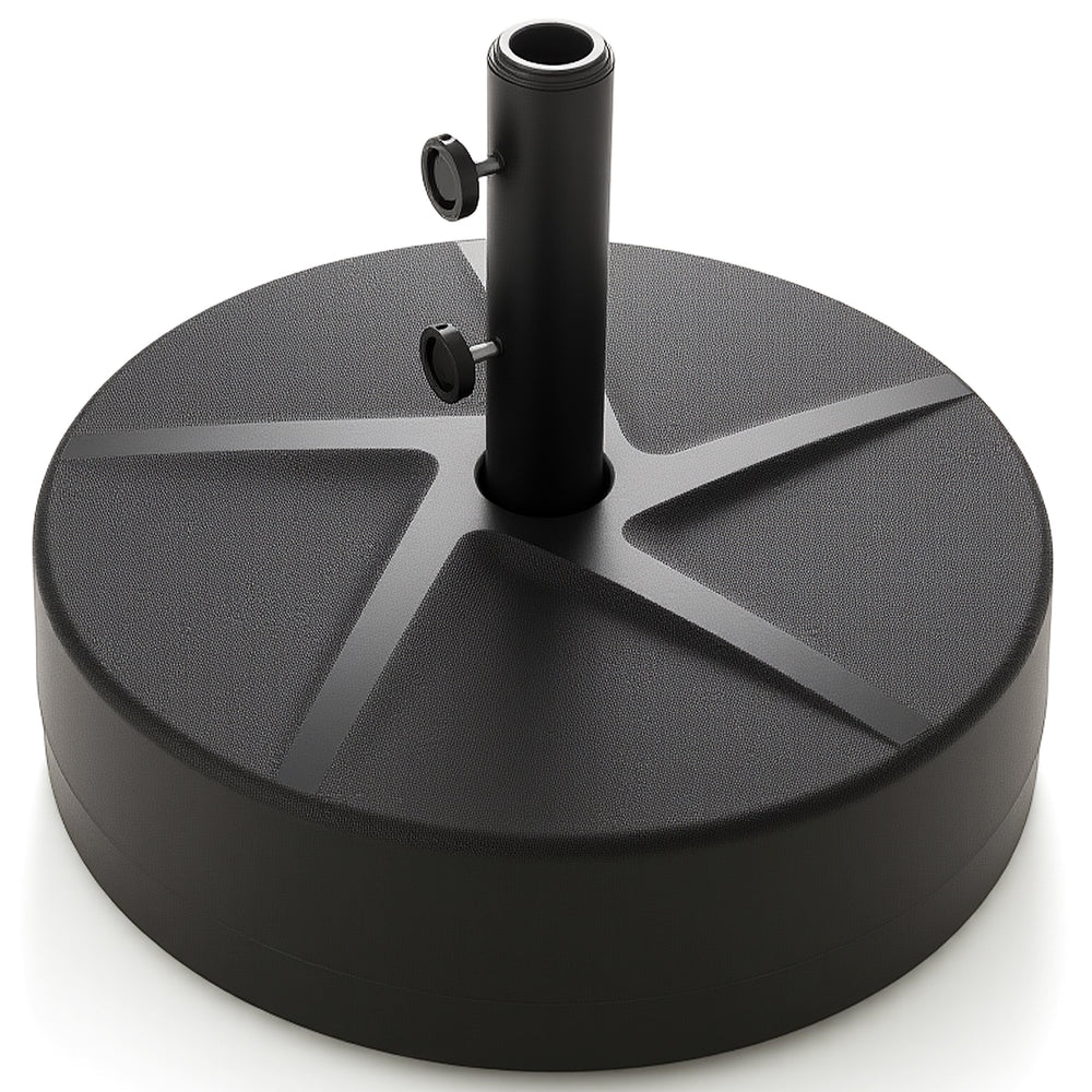 Patio umbrella base in black, 88 lbs capacity, fillable with water or sand, compatible with various umbrella sizes.