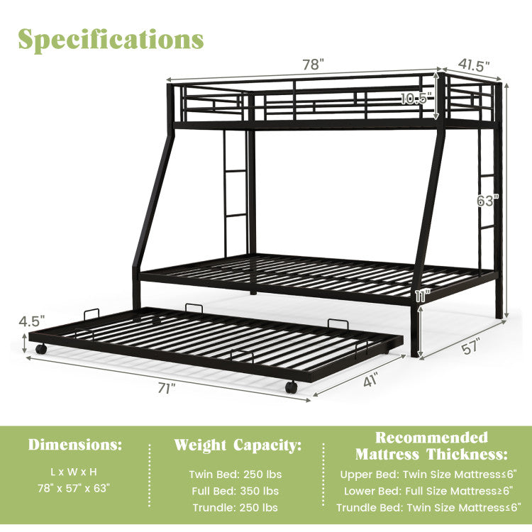 Costway Bed Frame Twin Over Full Bunk Bed with Trundle for Guest Room New