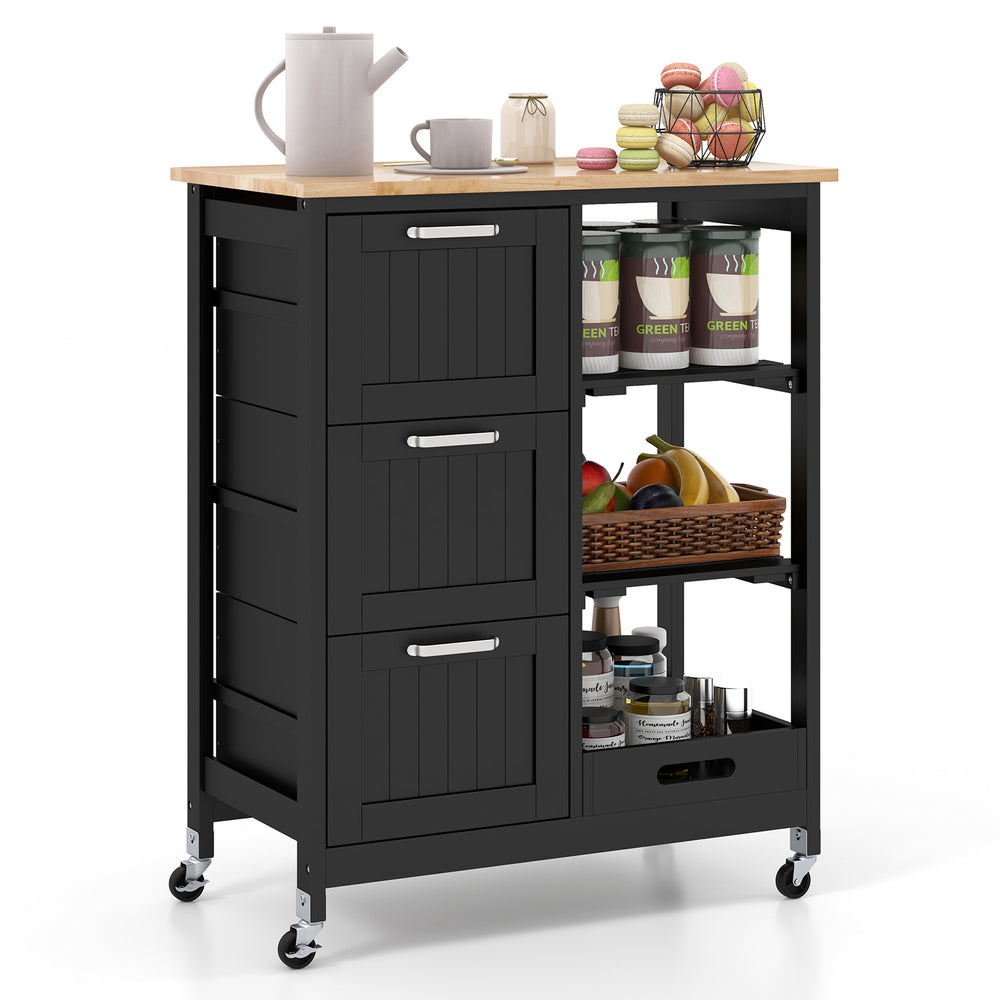 Rolling kitchen island utility cart in black with 3 large drawers and open shelves, ideal for food prep and storage.