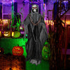 Standing 6.4 feet tall, this Halloween Grim Reaper features lighted eyes, sound effects, and adjustable arms for.