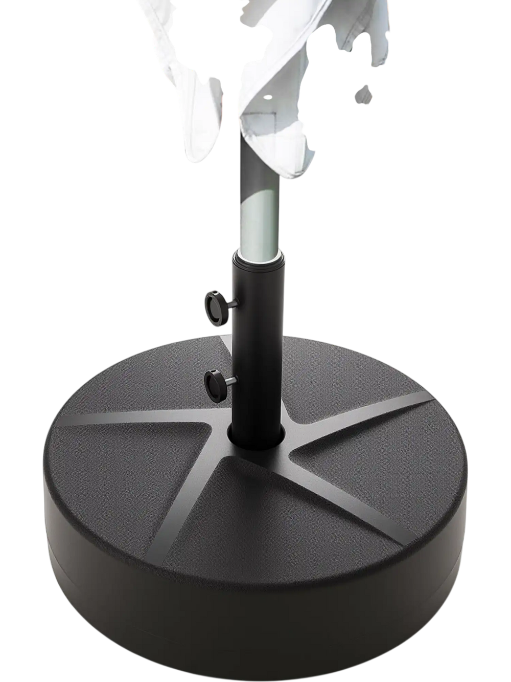 Patio umbrella base in black, 88 lbs capacity, filled with water or sand for stability, suitable for various umbrella.