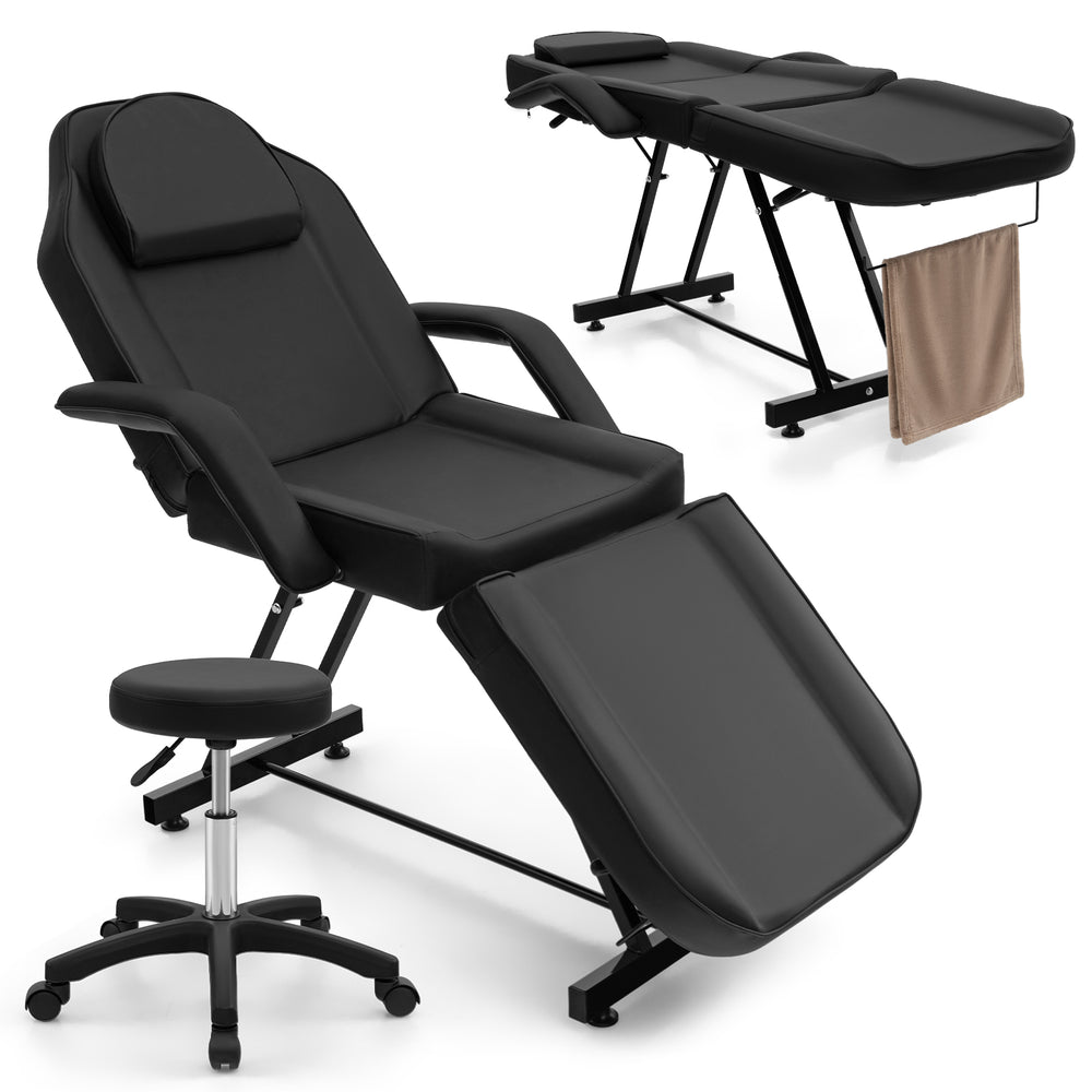 Facial chair set in black with removable headrest, adjustable legrest, and towel rack, ideal for spa and massage use.