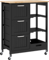 Rolling kitchen island utility storage cart in black with rubber wood countertop, 3 large drawers, and 3 open shelves.
