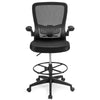 Height adjustable drafting chair in black with flip-up arms, ergonomic backrest, and breathable mesh for comfort.