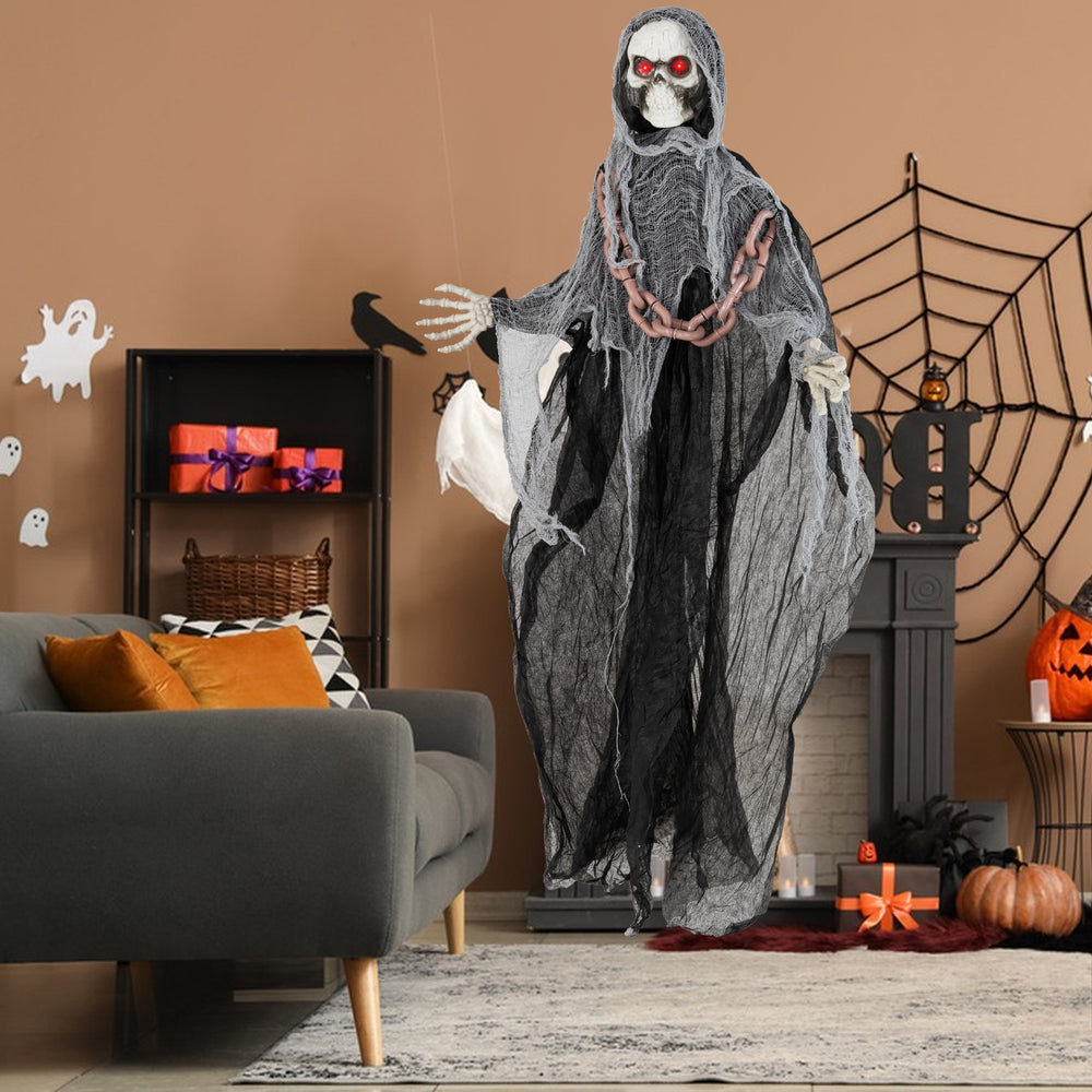 6.4 feet Halloween Grim Reaper with lighted eyes, chains, and sound effects, perfect for indoor or outdoor displays.