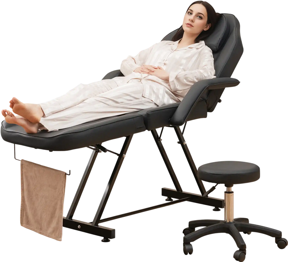Facial chair set in black with removable headrest and armrests, ideal for spa and massage treatments.