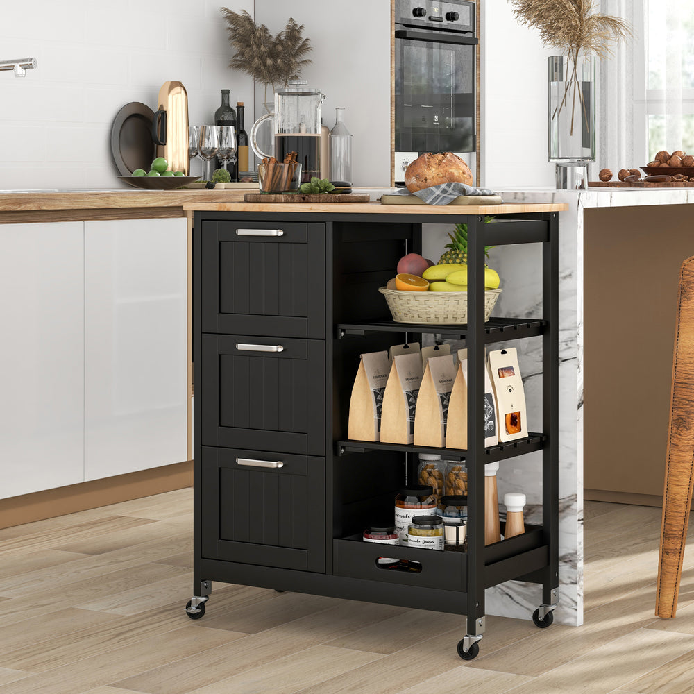 Rolling kitchen island utility storage cart with a sleek black finish, featuring 3 large drawers and open shelves for.