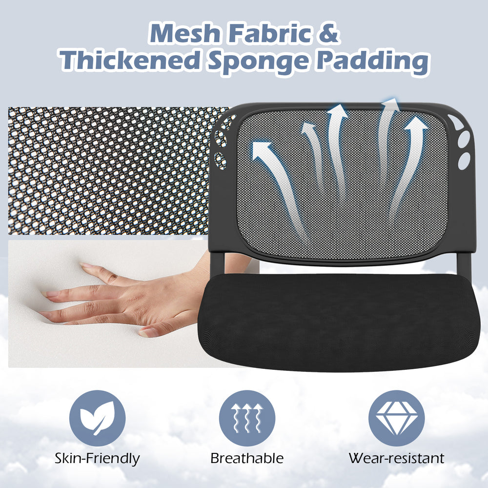 Curved backrest and breathable mesh fabric of stackable conference chair with sponge padding for optimal comfort.