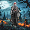 6.4 feet Halloween Grim Reaper with lighted eyes, sound-activated features, and adjustable arms for indoor or outdoor.
