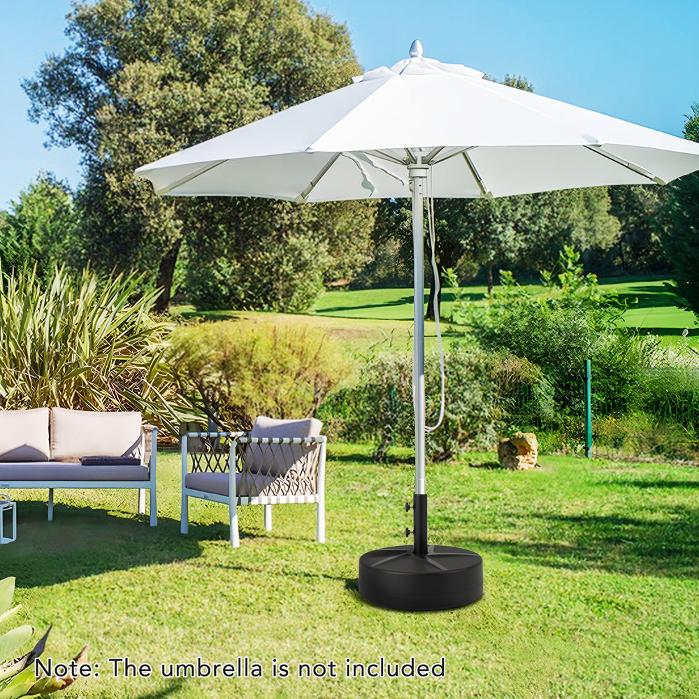 Patio umbrella base with 88 lbs capacity, designed for stability with water or sand fill, ideal for outdoor use.