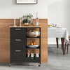 Rolling kitchen island utility storage cart in black with 3 large drawers and open shelves, perfect for food prep and.