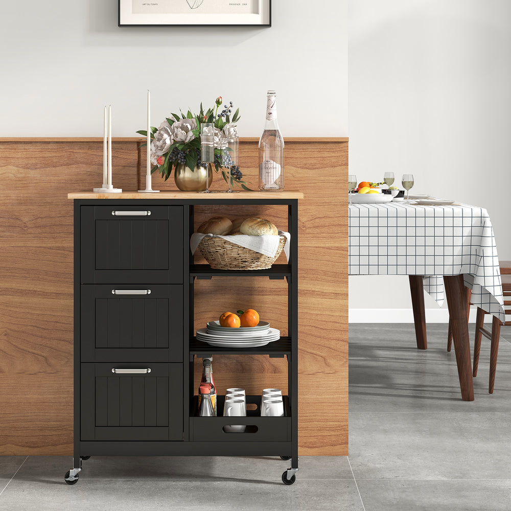 Rolling kitchen island utility storage cart in black with 3 large drawers and open shelves, perfect for food prep and.