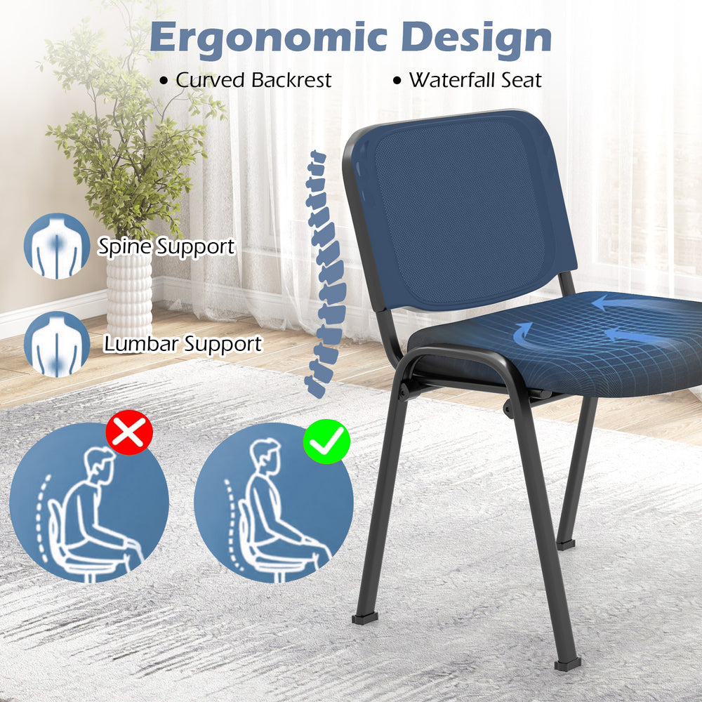 Stackable conference chair with mesh back, curved backrest, and waterfall seat for optimal comfort in office settings.