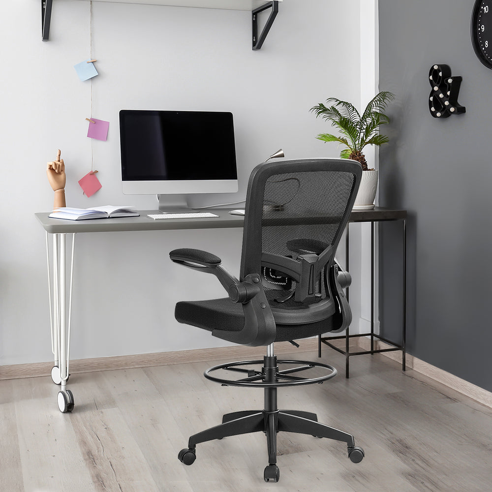Height adjustable drafting chair with flip-up arms, ergonomic backrest, and breathable mesh fabric for comfortable.