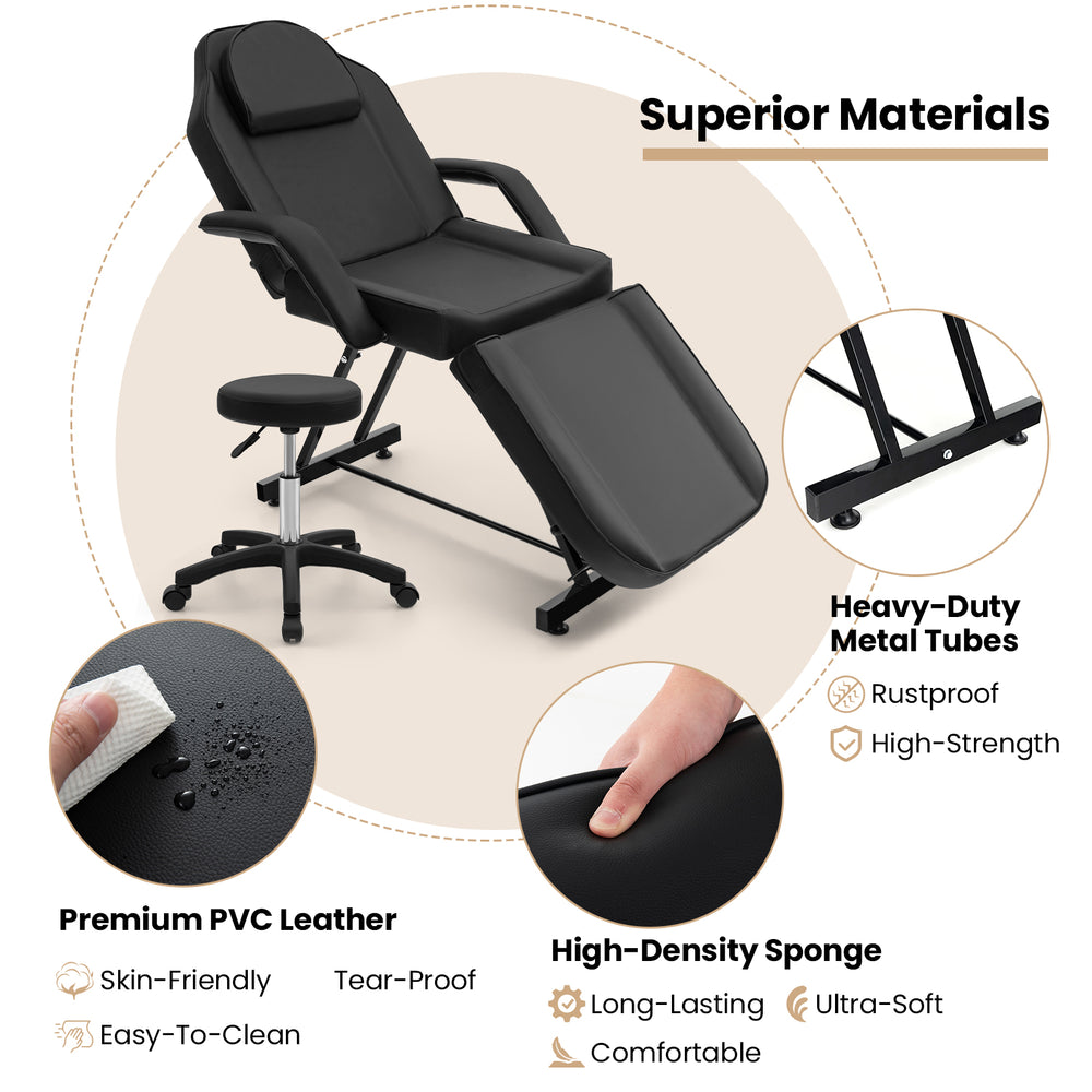 Facial chair set with removable headrest and armrests, featuring skin-friendly PVC leather and adjustable legrest for.