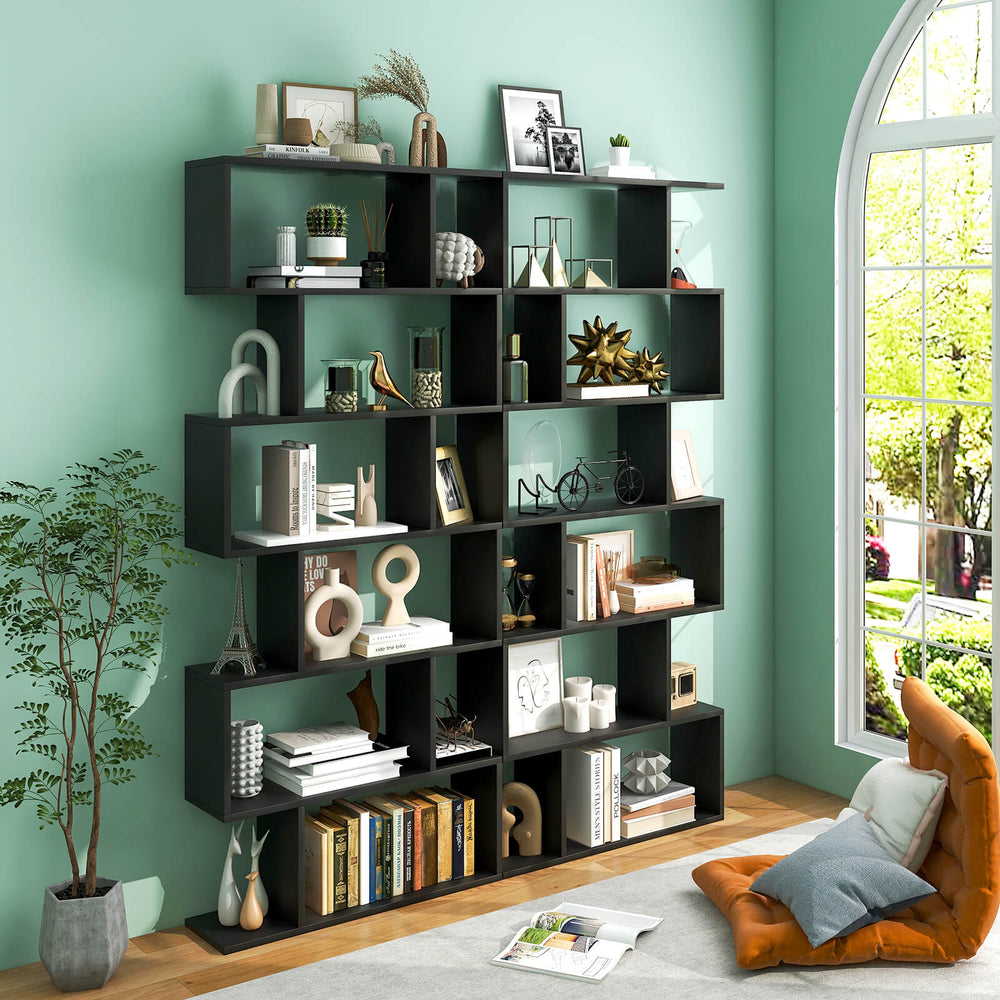 6 Tier S-Shaped Bookshelf Storage Display Bookcase Decor Z-Shelf -Black - Gallery View 1 of 10