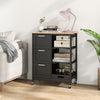 Rolling kitchen island utility storage cart in black with 3 large drawers and rubber wood countertop for versatile use.