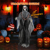 6.4 feet Halloween Grim Reaper with lighted eyes, terrifying sounds, and adjustable arms for indoor or outdoor display.