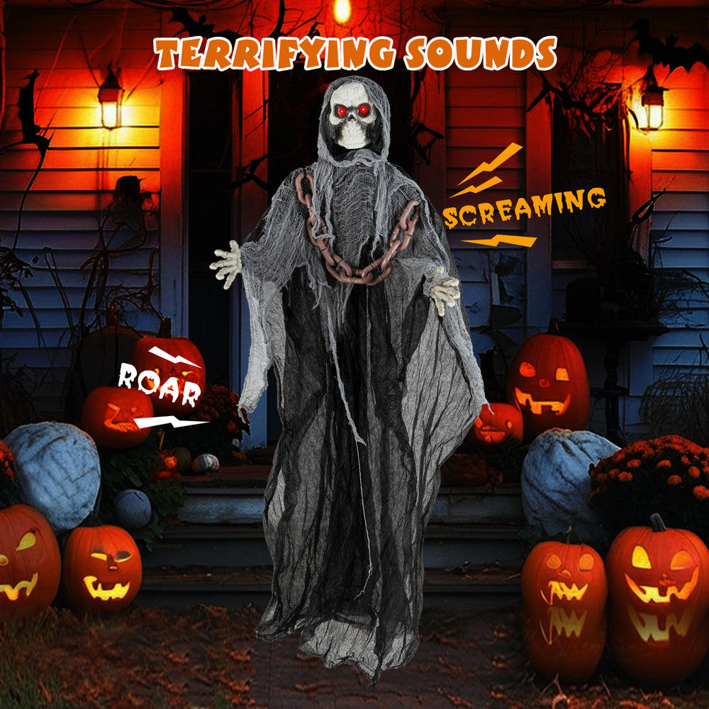 6.4 feet Halloween Grim Reaper with lighted eyes, terrifying sounds, and adjustable arms for indoor or outdoor display.