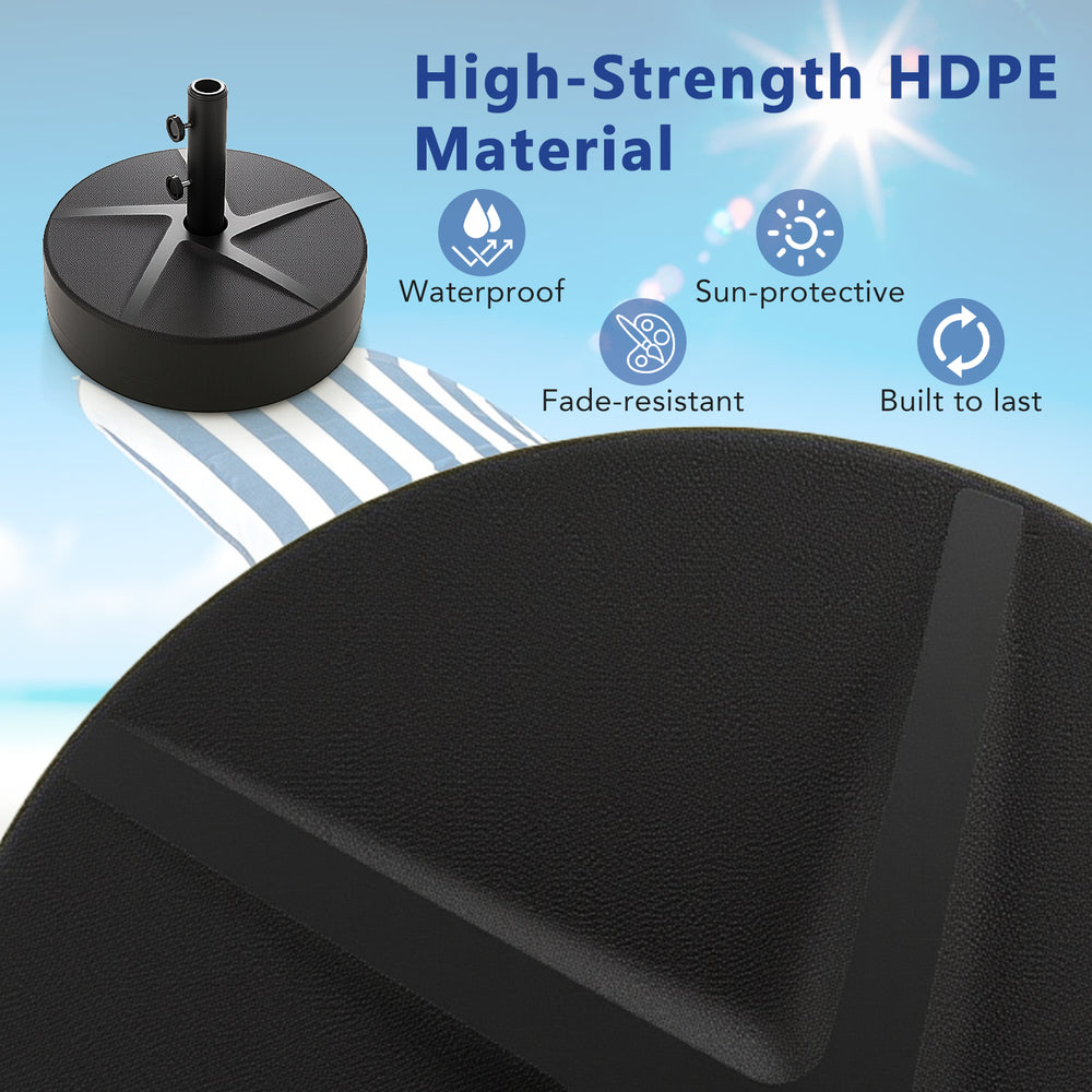 Patio umbrella base made of high-strength HDPE, 88 lbs capacity, waterproof and fade-resistant for outdoor stability.
