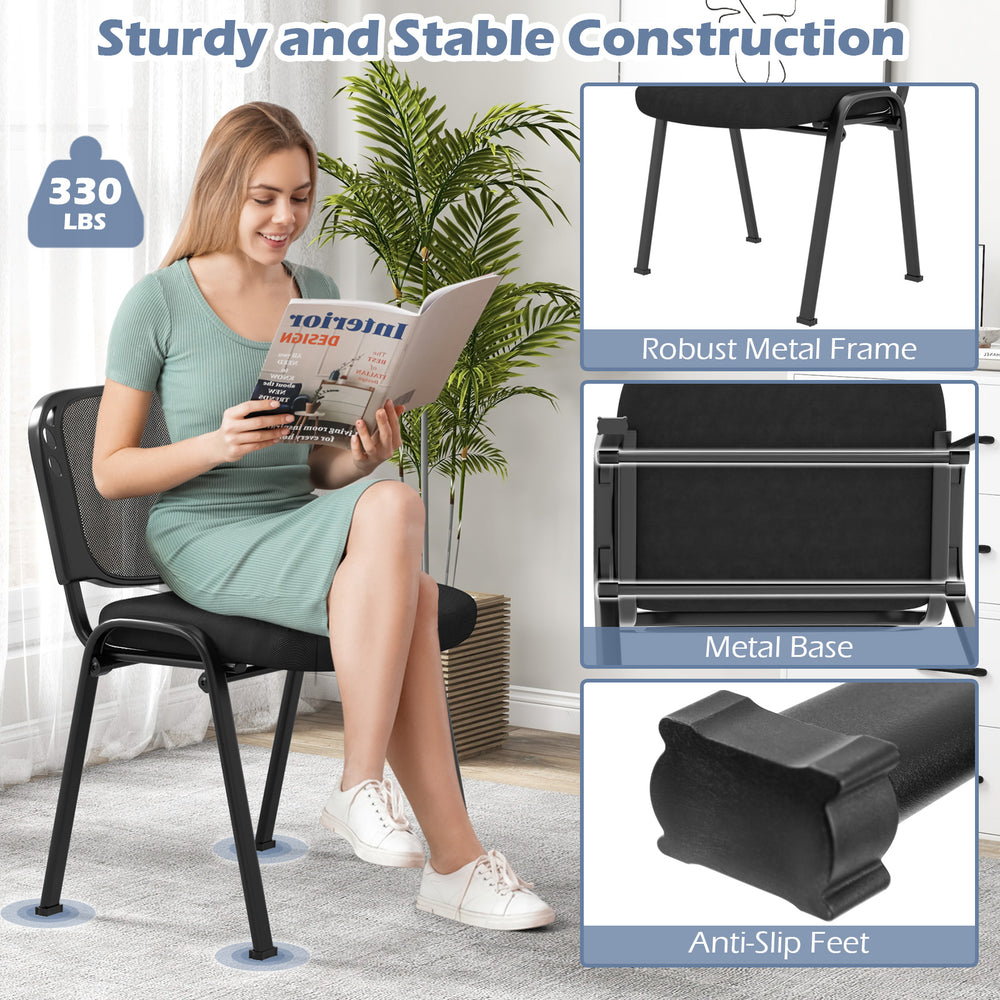 Stackable conference chair with mesh back, robust metal frame, and anti-slip feet for office or waiting room use.