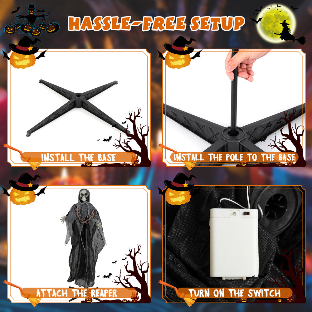 Hassle-free setup steps for the 6.4 feet Halloween Grim Reaper with lighted eyes and sound effects for indoor/outdoor.