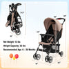 Toddler travel stroller in coffee color with adjustable backrest, canopy, and compact fold for easy storage.