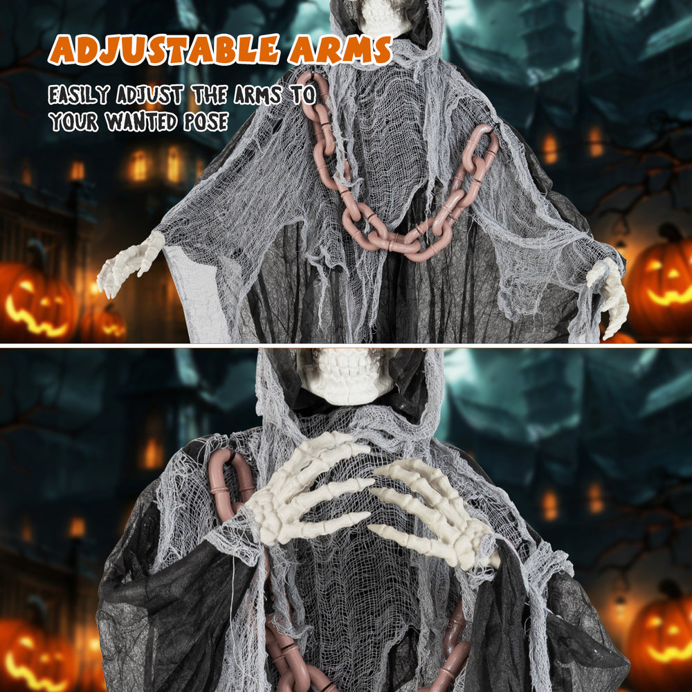 Adjustable arms of a 6.4 feet Halloween Grim Reaper with lighted eyes, perfect for indoor or outdoor displays.