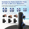 Patio umbrella base with adjustable knobs for 1.42"/1.5"/1.89" poles, designed for stability with water or sand fill.