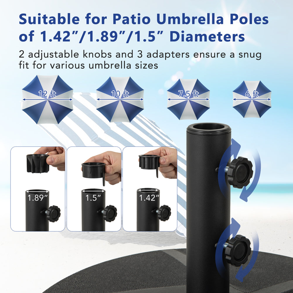 Patio umbrella base with adjustable knobs for 1.42"/1.5"/1.89" poles, designed for stability with water or sand fill.