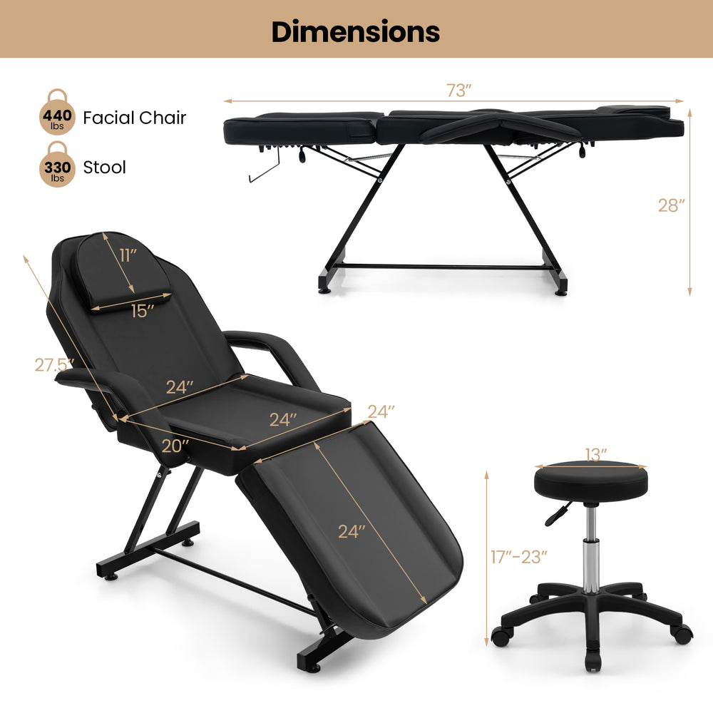 Facial chair set with removable headrest and armrests, featuring adjustable backrest and legrest for ergonomic support.