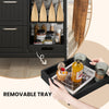 Removable tray with drinks and dessert on the rolling kitchen island utility cart featuring 3 large drawers and shelves.