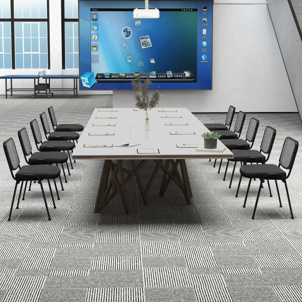 Set of 5 stackable conference chairs with mesh back, featuring a sturdy metal frame and comfortable waterfall seat.