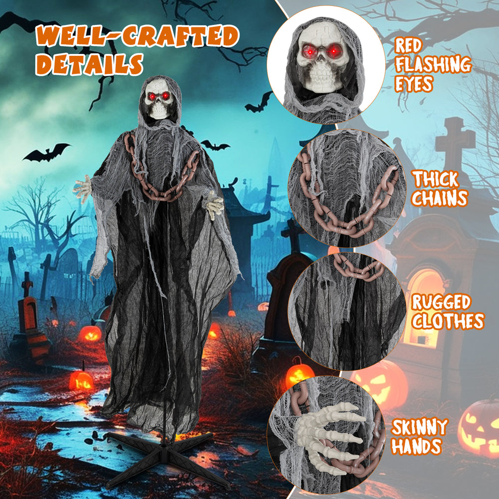 6.4 feet Halloween Grim Reaper with red glowing eyes, thick chains, and rugged clothes for indoor or outdoor display.