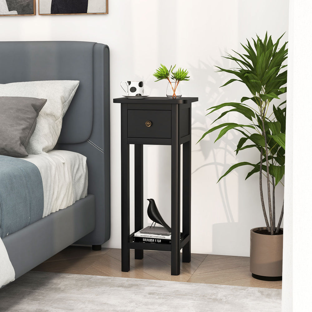 2 Tier Slim Nightstand Bedside Table with Drawer Shelf-Black - Gallery View 1 of 10