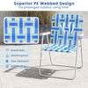 Folding beach chair in blue with breathable webbing, featuring a sturdy steel frame for outdoor use and easy transport.
