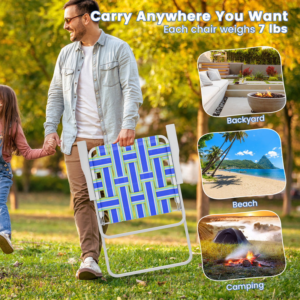 Folding beach chair in blue webbing, lightweight design for easy transport, ideal for camping and outdoor activities.