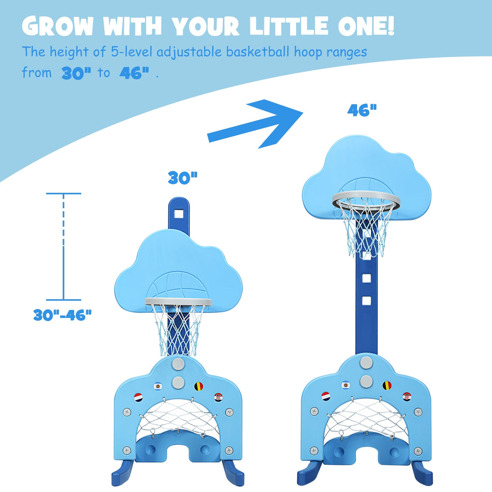 Adjustable 3-in-1 kids basketball hoop set in blue, height ranges from 30" to 46", perfect for indoor and outdoor play.