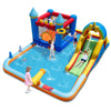 Colorful inflatable water slide park featuring a climbing wall, splash pool, and various games for outdoor fun.