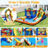 Inflatable water slide park featuring a climbing wall, splash pool, and multiple games for outdoor fun.