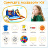 Inflatable water slide park with climbing wall, splash pool, and accessory kit for kids' outdoor fun and games.