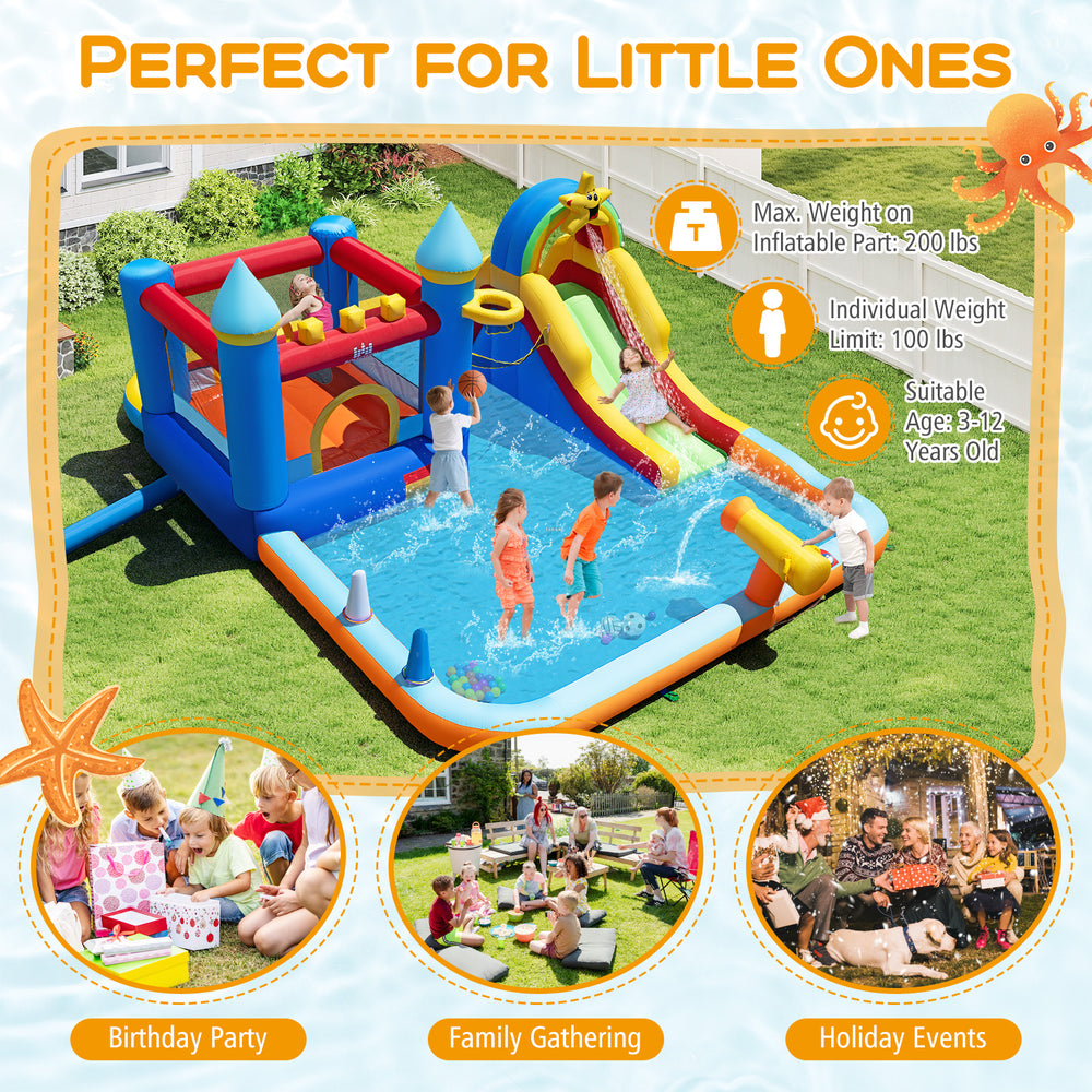 Inflatable water slide park with climbing wall and splash pool, designed for kids aged 3-12, perfect for birthday.