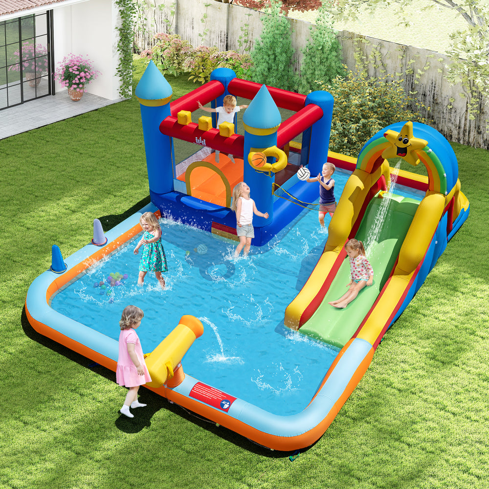 Bright inflatable water slide park with splash pool, climbing wall, and engaging games for kids' outdoor entertainment.